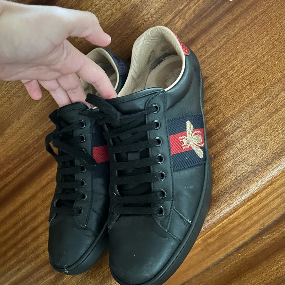 Black Leather Sneakers with Red Stripe